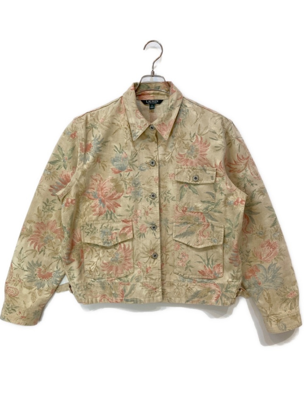 Lauren Ralph Floral pink, green and beige truckers Jean Jacket size X-Large